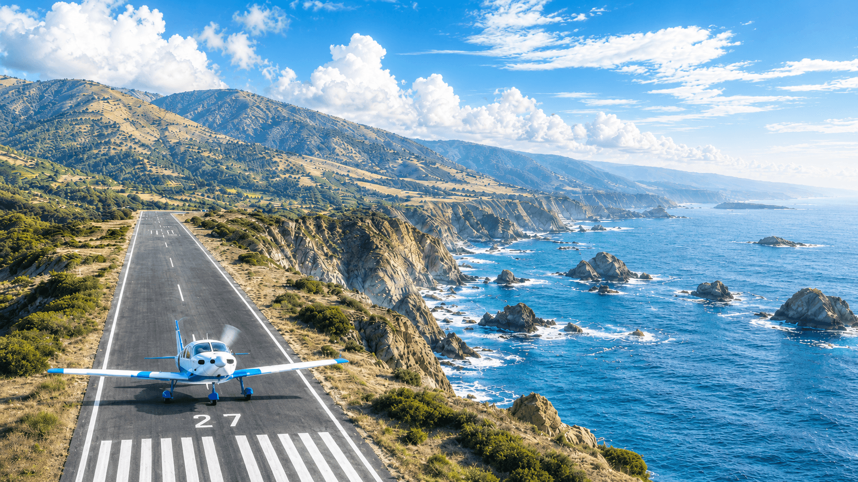 Small plane on a coastal cliff-top runway overlooking the ocean